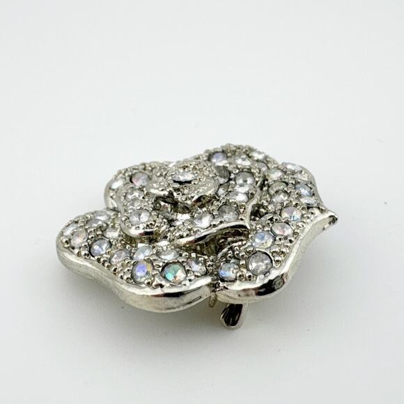 Vintage Silver Rose Brooch Aurora Borealis Rhinestone Flower Pin - Picture 5 of 7